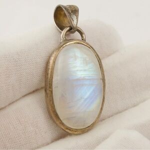Vintage Blue Flash Moonstone Sterling Silver Necklace Pendant Large Oval
